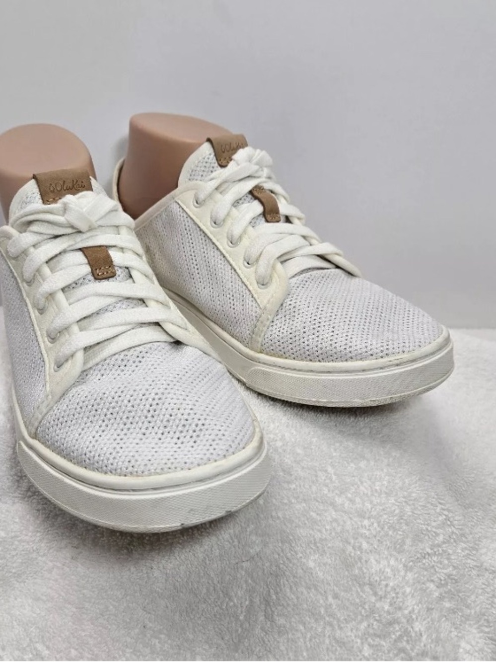 OluKai White Knit Sneakers with Tan Accents